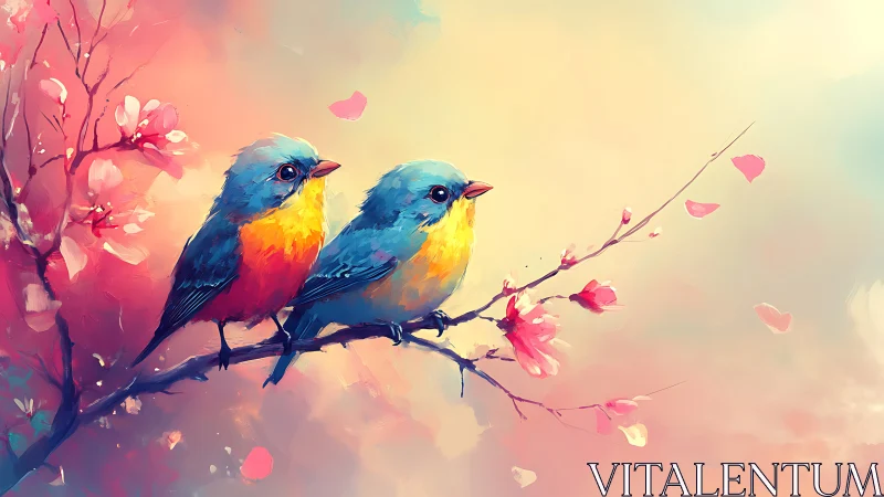 Two Colorful Birds on Blossom Branch, Dreamy Watercolor Style.