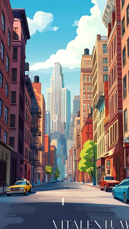 Linear-perspective downtown avenue with layered skyline depth.