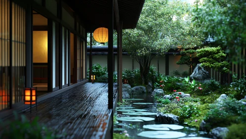 Lantern-lit veranda watching over a whispering zen pond.