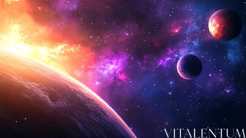 Luminous alien sunrise ignites distant planets and nebulae