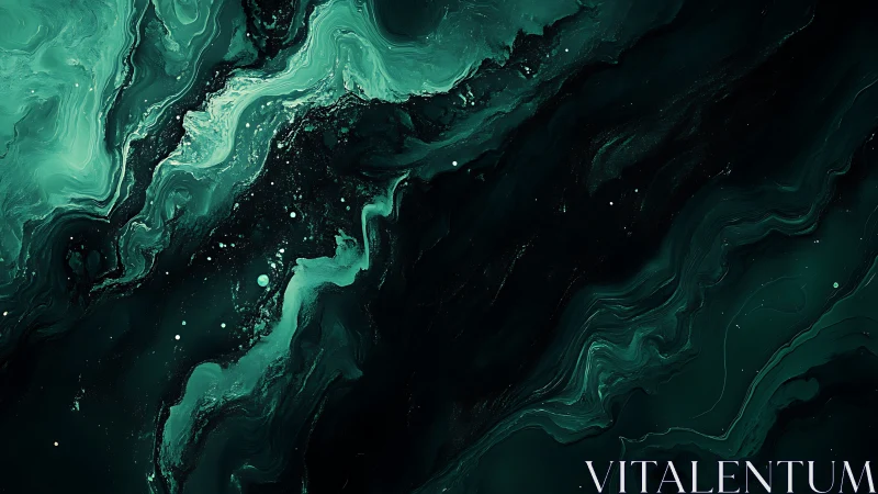 Emerald cosmic waves swirl through deep abstract space.