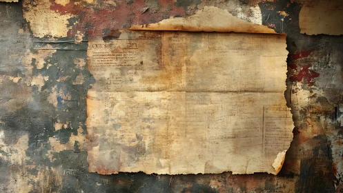 Weathered parchment poster clings to a crumbling city wall.