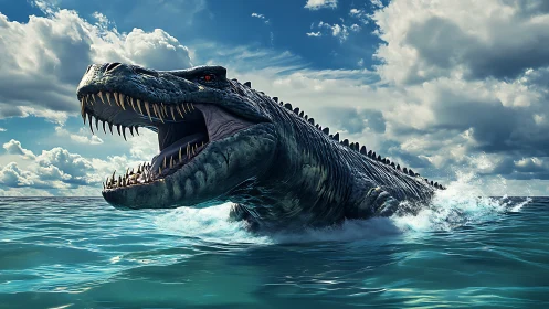 Mighty sea dinosaur surging from glittering blue waves.