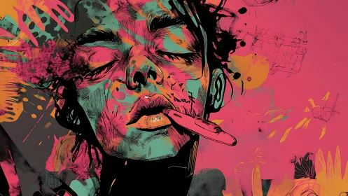 Electric daydream portrait awash in wild neon color storms.