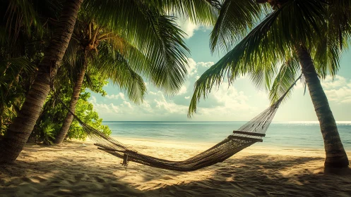 Tropical Beach Sanctuary: Hammock Beneath Palm Fronds.