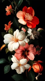 Botanical arrangement of red and white flowers against dark background.