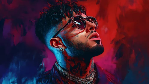 Digital painting portrait with neon bicolor atmospheric background.