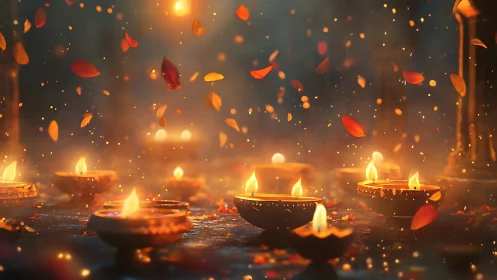 Glowing festive oil lamps and drifting petals at twilight.