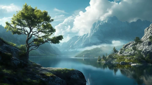 Solitary lakeside tree against sharp blue mountain range.