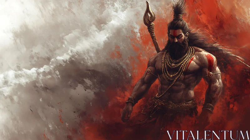 Digital painting of mythic warrior amid turbulent color fields.