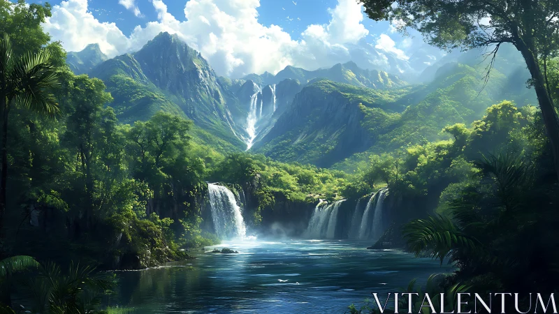 Lush forest valley surrounds cascading waterfalls and river