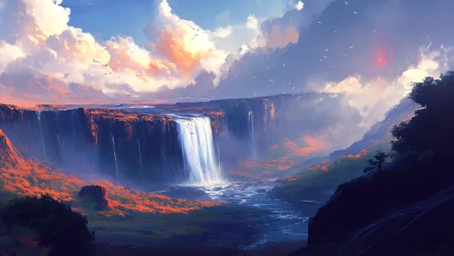 Sunlit cliff falls and roaming river under painterly clouds.