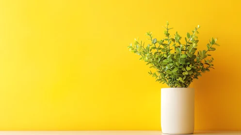 Green potted plant against plain yellow background.