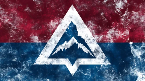 Bold mountain emblem rising within textured red and blue.