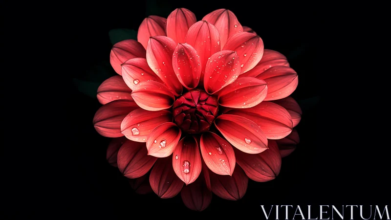 Red Dahlia with Water Droplets Against Black.
