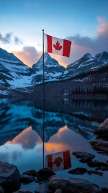 Canadian flag over alpine lake with mirrored peak reflections at dusk