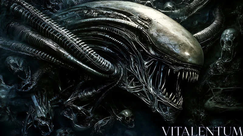 Biomechanical xenomorph head rendered in dark cinematic detail