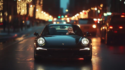Infant passenger in black Porsche 911 on wet city street