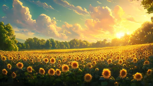 Sunlit sunflower panorama under radiant golden sunset glow.