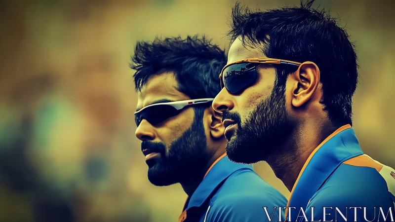 Two male athletes in sunglasses wearing blue sports uniforms.