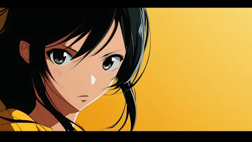 Stoic anime girl portrait on bold yellow backdrop.