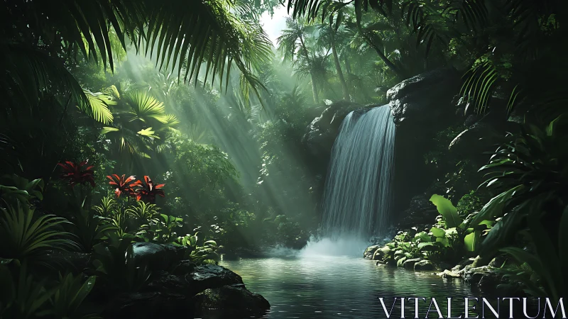 Lush jungle waterfall pool under strong morning sunlight.