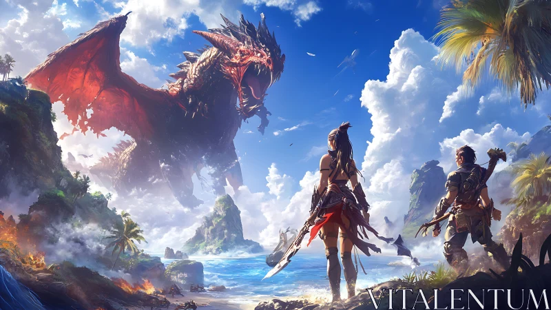 Warriors confront airborne dragon over tropical shoreline.