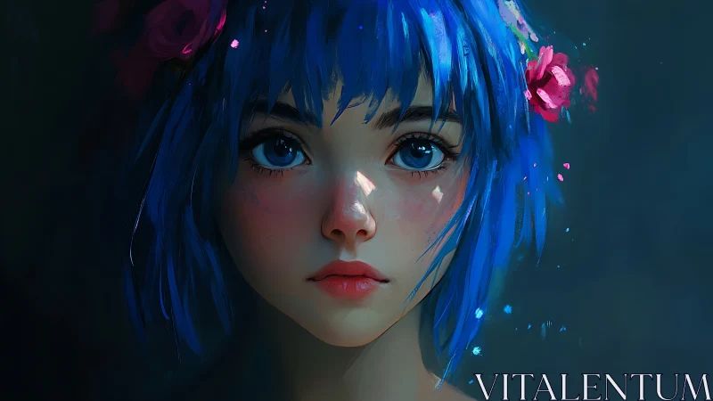 Vivid blue-haired girl portrait with luminous floral accents.