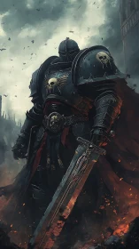 Armored warrior with greatsword in dark ruined landscape.