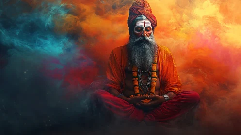 Meditating sadhu in chromatic smoke rendered as digital painting
