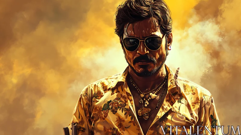 Male figure in patterned shirt against diffuse yellow sky.