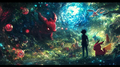 Forest portal of glowing creatures and a curious traveler.