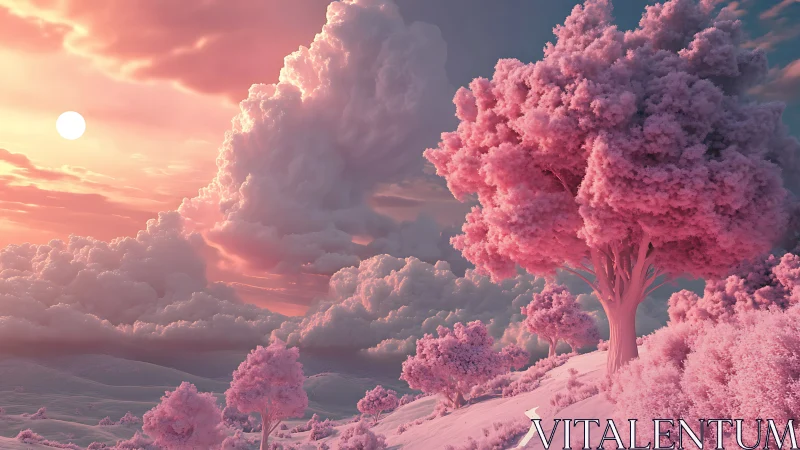 Dreamlike pink forest under a glowing pastel sky.