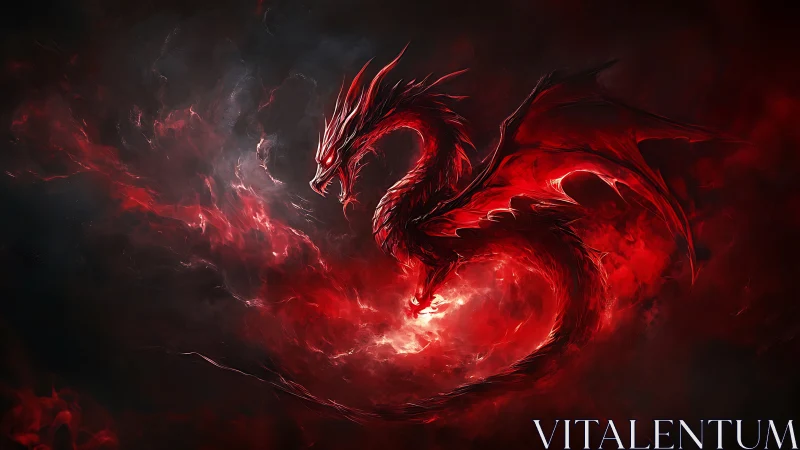Fire-lit crimson dragon coils within a storm of raging embers