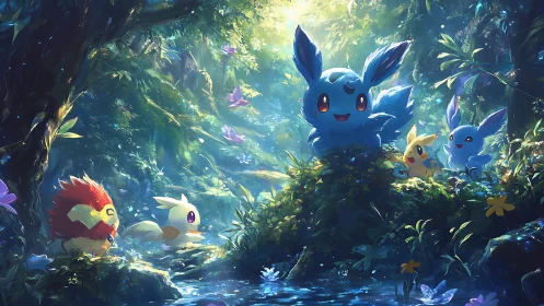 Joyful forest creatures share a glowing, magical riverside