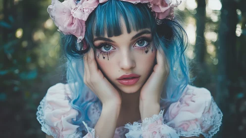 Pastel goth portrait with blue hair and floral lace dress.