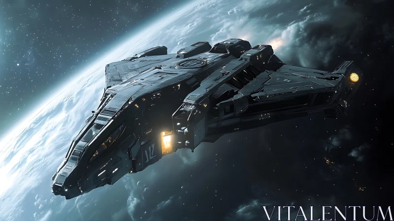 Photorealistic angular starship in low-orbit cinematic frame.