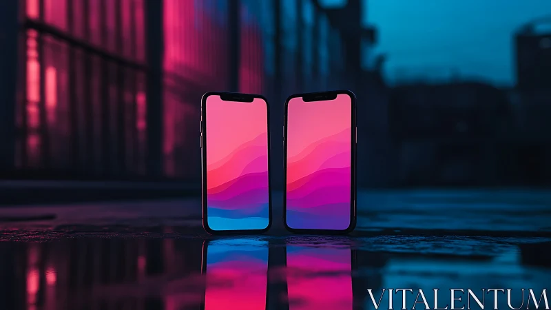Dual Smartphones Display Gradient Wallpaper Against Urban Neon Backdrop.