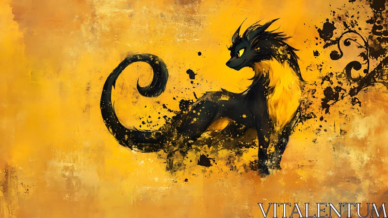 Golden fantasy fox-cat resting in swirling paint splashes.