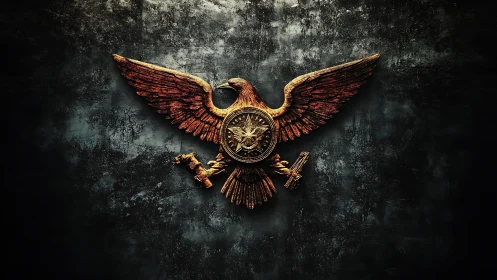 Weathered golden eagle emblem against dark stone wall.