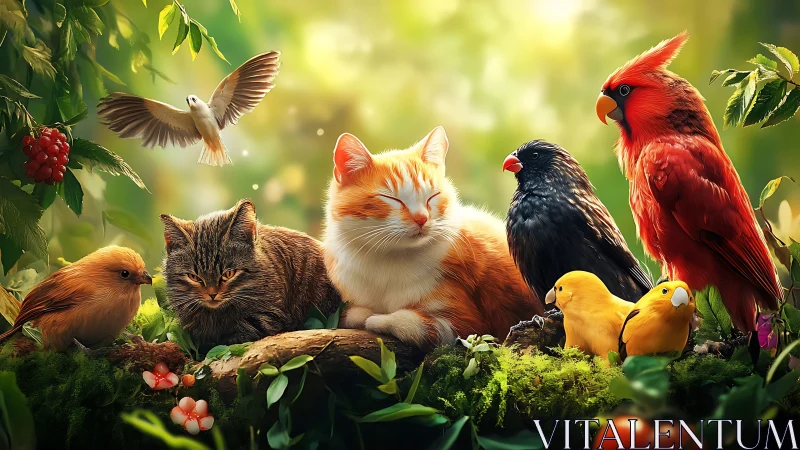 Cats and Colorful Birds Resting in a Sunlit Forest, Digital Art.