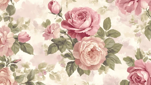 Digitally rendered vintage roses in repeating floral tableau.
