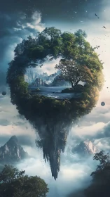 Floating ring-shaped island with dense trees and water