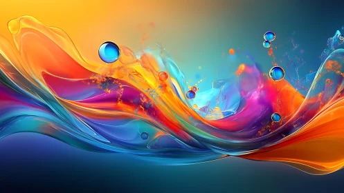 Prismatic liquid waves dance beneath rising neon orbs.