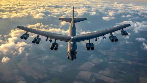 Strategic bomber aircraft cuts through golden evening clouds