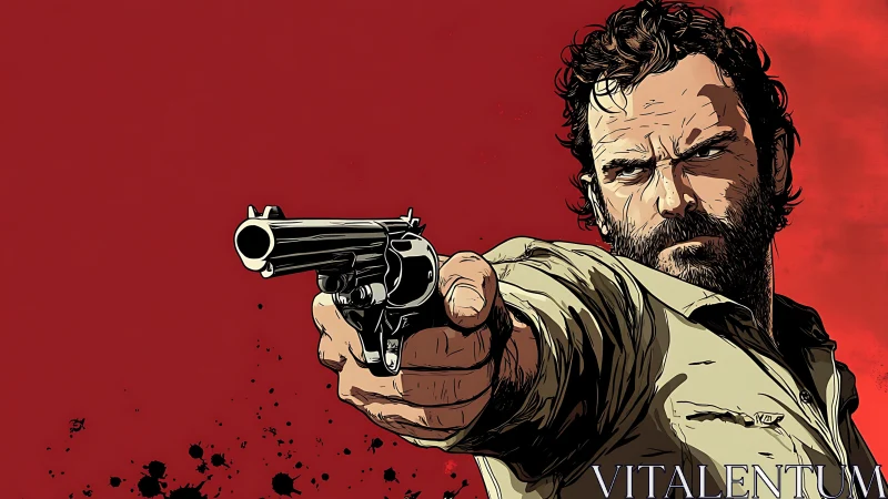 Illustrated bearded gunman aiming revolver on red backdrop