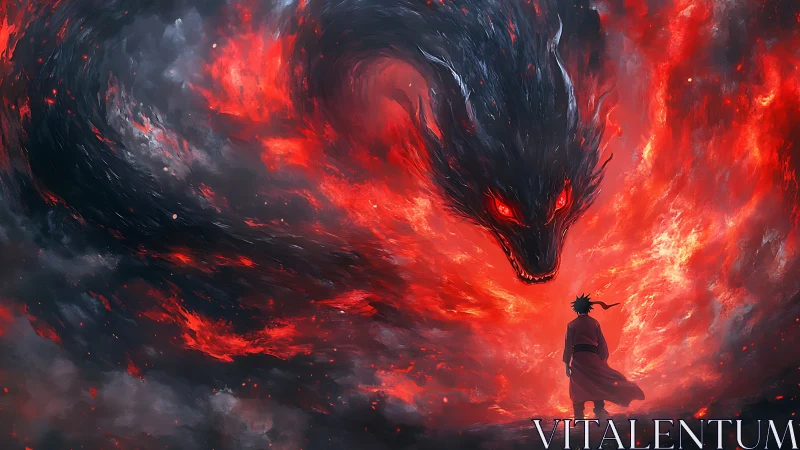 Lone warrior facing colossal fiery shadow dragon storm.