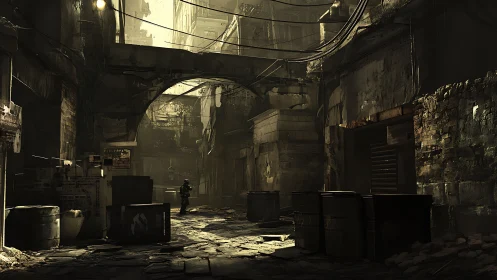 Lone soldier explores a decaying post apocalyptic alleyway