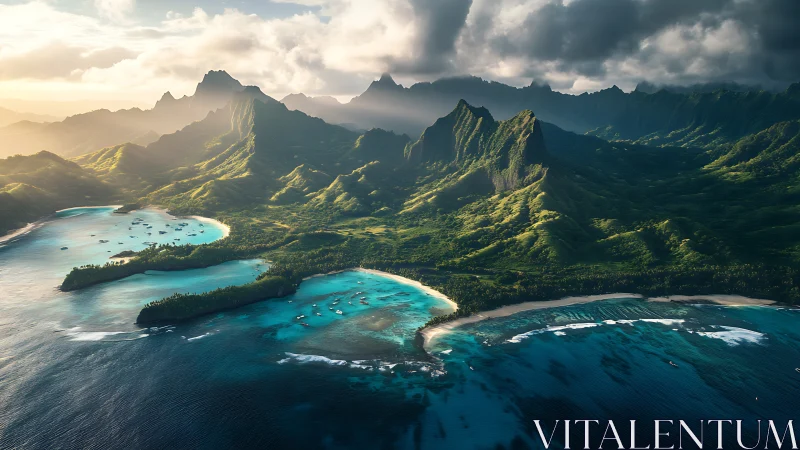 Aerial view of tropical island chain with lagoons and volcanic peaks