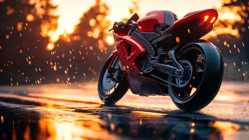 Sunset rain ride with a red sport bike in motion.